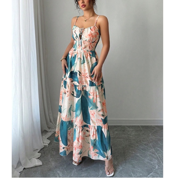 Boho Floral Tropical Print Front Tie Cami maxi Dress - Picture 4 of 5
